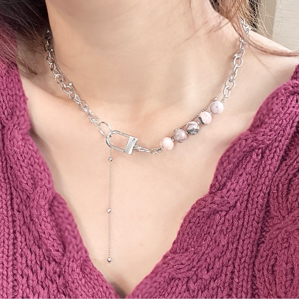 Rhodonite Double Chain Silver necklace - Picture 3 of 3
